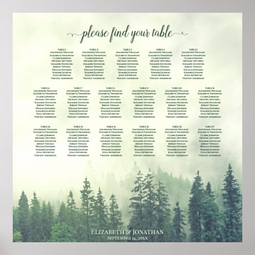 17 Table Green Pine Forest Wedding Seating Chart