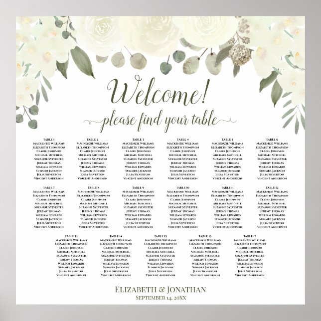 17 Table Ivory White Floral Wedding Seating Chart (Front)