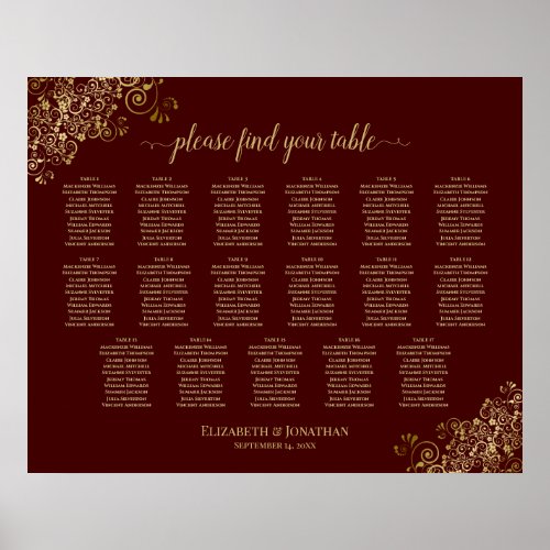 17 Table Lacy Gold Auburn Wedding Seating Chart