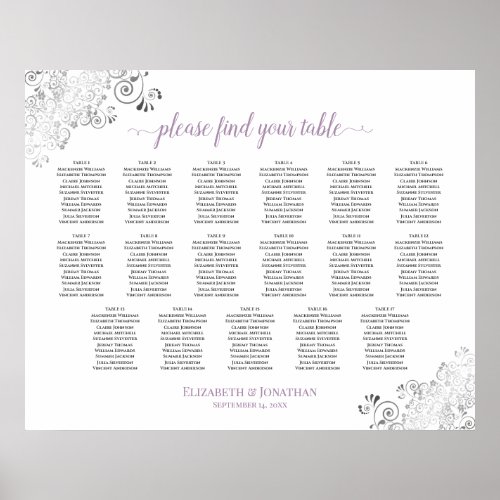 17 Table Lacy White Wedding Seating Chart Lavender