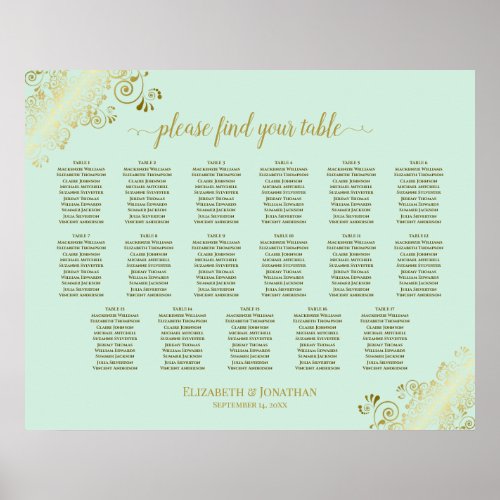 17 Table Mint Green  Gold Wedding Seating Chart