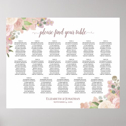 17 Table Pink Floral Elegant Wedding Seating Chart