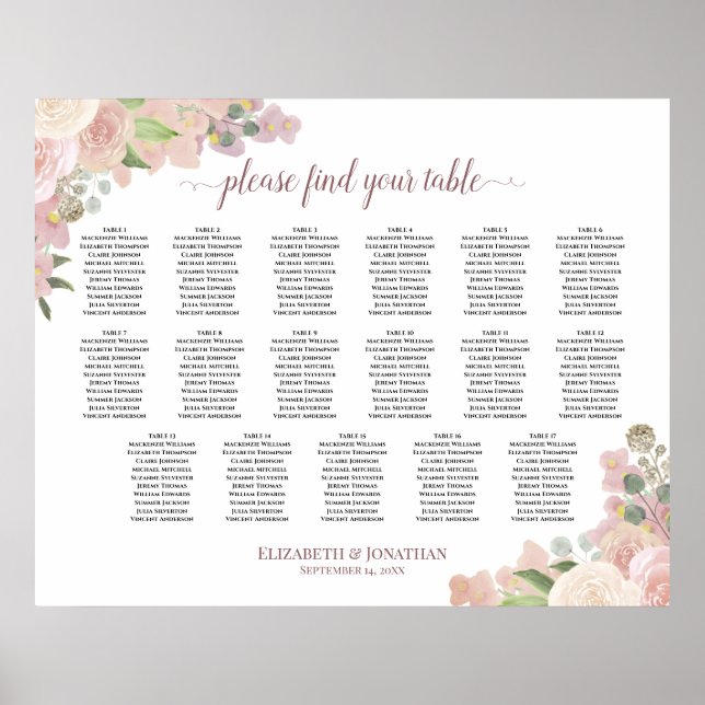 17 Table Pink Floral Elegant Wedding Seating Chart (Front)