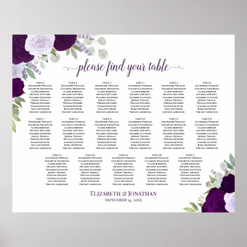 17 Table Purple Boho Floral Wedding Seating Chart