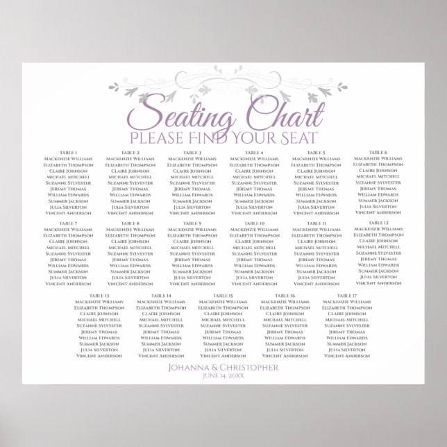 17 Table Purple & Gray Wedding Seating Chart (Front)