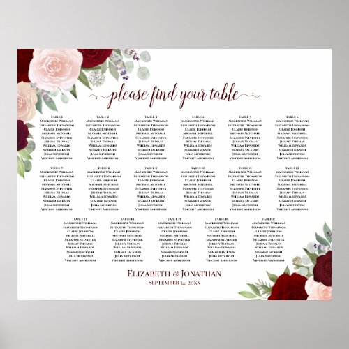 17 Table Red  Pink Floral Wedding Seating Chart