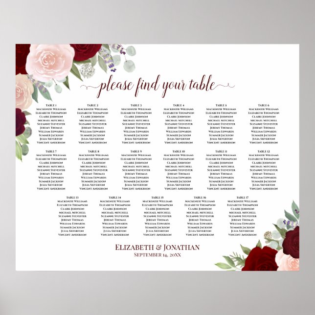17 Table Red & Pink Floral Wedding Seating Chart (Front)