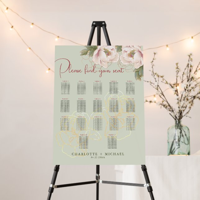 17 Table Sage & Blush Peony Wedding Seating Chart Foam Board (In Situ (Stand))