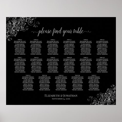 17 Table Silver Frills Black Wedding Seating Chart