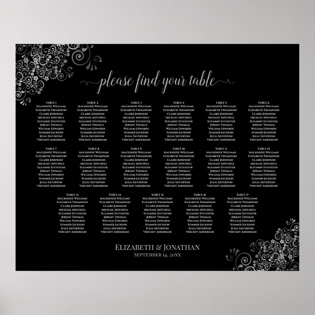 17 Table Silver Frills Black Wedding Seating Chart (Front)
