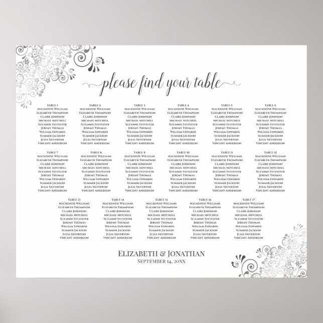 17 Table Silver Frills White Wedding Seating Chart (Front)