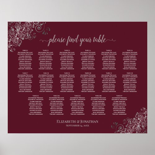 17 Table Silver on Burgundy Wedding Seating Chart