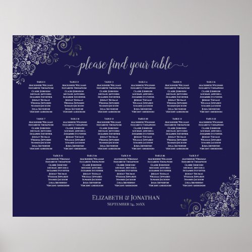 17 Table Silver on Navy Blue Wedding Seating Chart