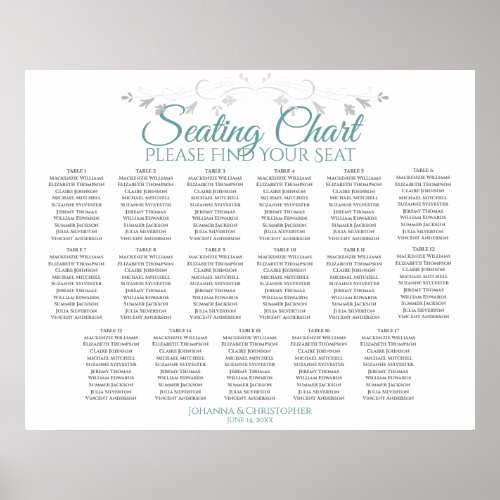 17 Table Teal on White Wedding Seating Chart