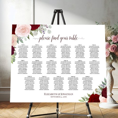 17 Table Wedding Seating Chart Burgundy Pink Roses Foam Board