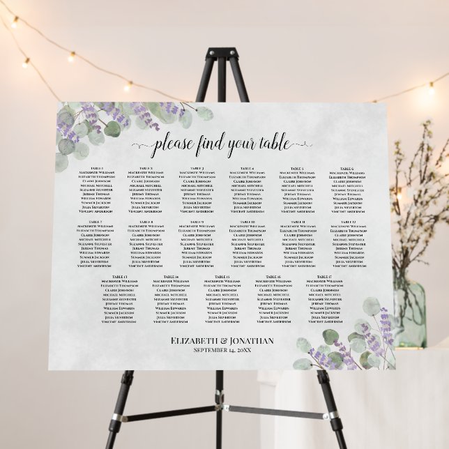 17 Table Wedding Seating Chart Lavender Eucalyptus Foam Board (In Situ (Stand))