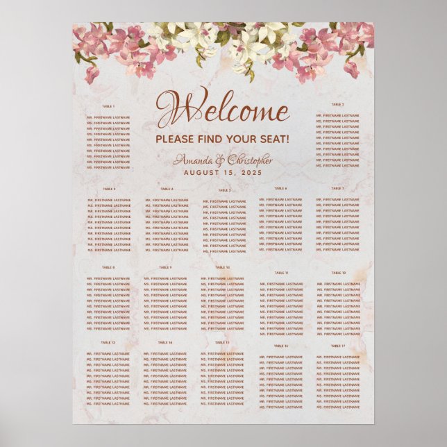 17 Table Wedding Seating Chart Marble Pink Orchids (Front)
