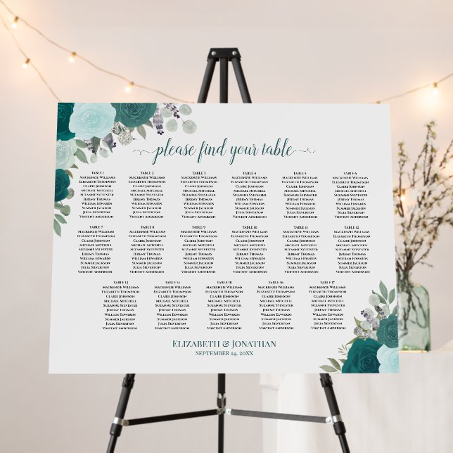 17 Table Wedding Seating Chart Rustic Teal Roses Foam Board (In Situ (Stand))