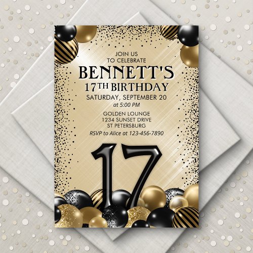 17th Balloons Black Gold Birthday Invitation