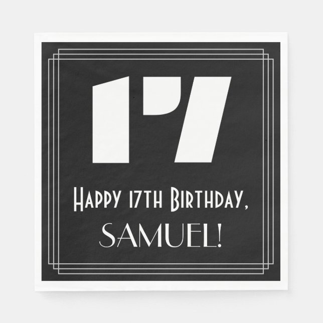 17th Birthday: Art Deco Inspired Look "17" + Name Napkins (Front)