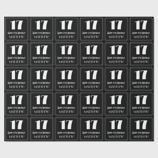 17th Birthday - Art Deco Inspired Look "17", Name Wrapping Paper (Seam)