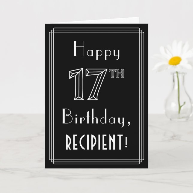 17th Birthday: Art Deco Style # 17 & Custom Name Card (Small Plant)