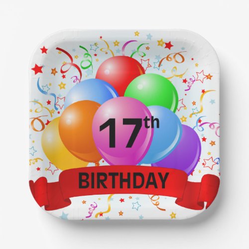 17th Birthday Balloons Banner Paper Plates