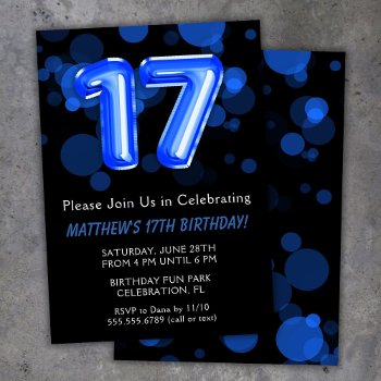 17th Birthday Balloons Kids Blue Boy Party Invitation by WittyPrintables at Zazzle