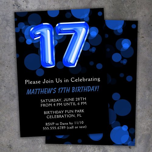 17th Birthday Balloons Kids Blue Boy Party Invitation