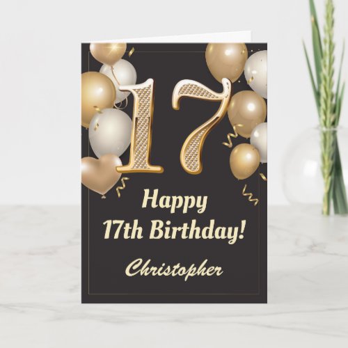 17th Birthday Black and Gold Balloons Confetti Card