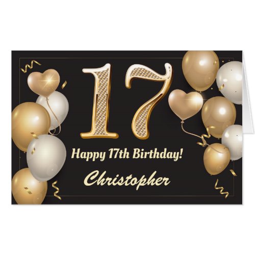 17th Birthday Black and Gold Balloons Extra Large Card