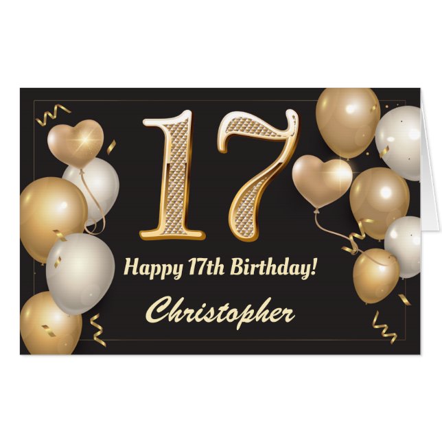 17th Birthday Black and Gold Balloons Extra Large Card (Front Horizontal)