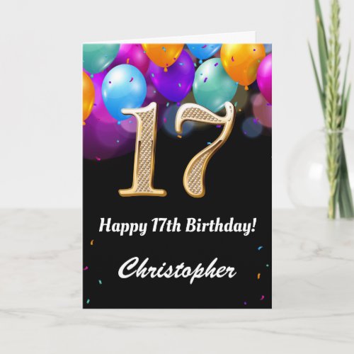 17th Birthday Black and Gold Colorful Balloons Card