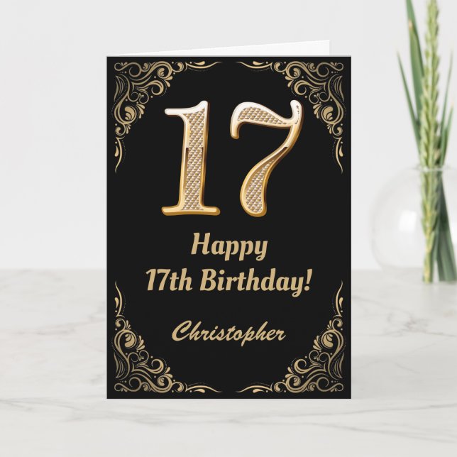 17th Birthday Black and Gold Glitter Frame Card (Front)