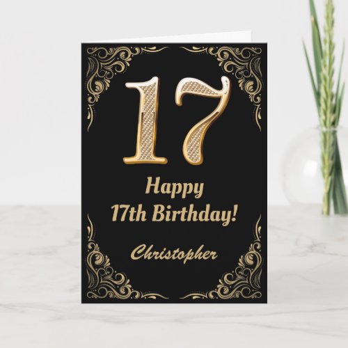 17th Birthday Black and Gold Glitter Frame Card