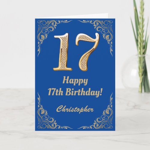 17th Birthday Blue and Gold Glitter Frame Card