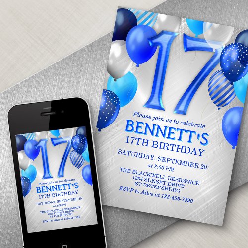 17th Birthday Blue Balloons Invitation