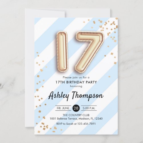 17th Birthday _ Blue Stripes and Gold Balloons Invitation