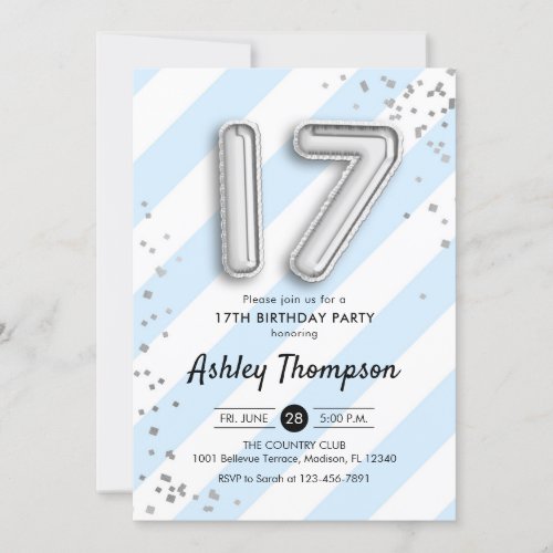 17th Birthday _ Blue Stripes and Silver Balloons Invitation