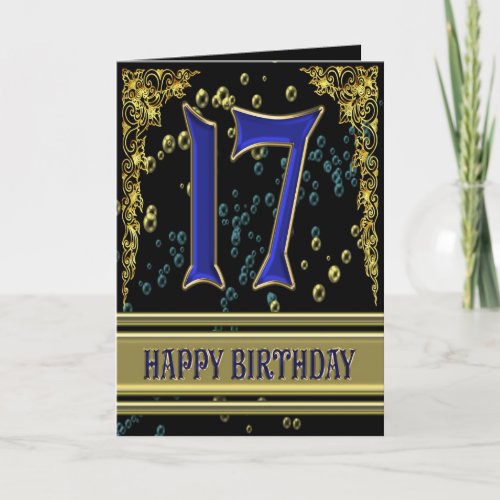 17th birthday card with gold and bubbles