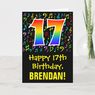 17th Birthday: Colorful Music Symbols + Rainbow 17 Card