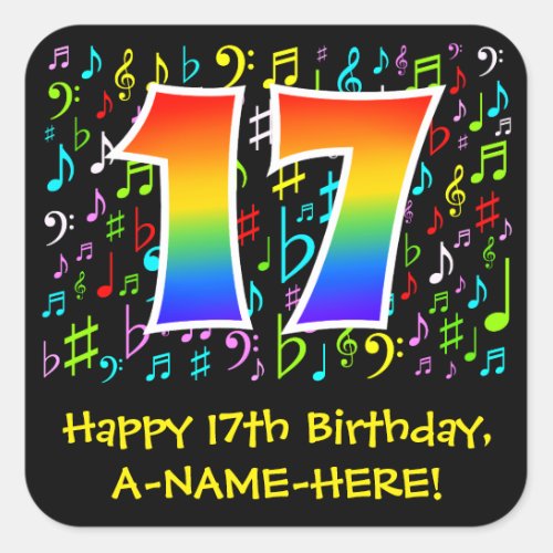 17th Birthday Colorful Music Symbols Rainbow 17 Square Sticker