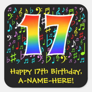 17th Birthday: Colorful Music Symbols, Rainbow 17 Square Sticker