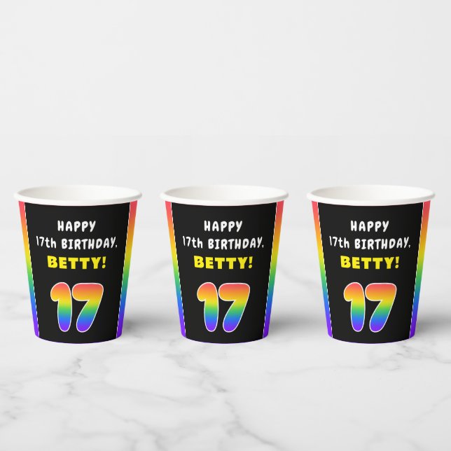 17th Birthday: Colorful Rainbow # 17, Custom Name Paper Cups (Multi)