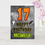 17th Birthday: Eerie Halloween Theme   Custom Name Card<br><div class="desc">The front of this spooky and scary Halloween themed birthday greeting card design features a large number “17”, along with the message “HAPPY BIRTHDAY, ”, and a customizable name. There are also depictions of a bat and a ghost on the front. The inside features a custom birthday greeting message, or...</div>