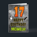 17th Birthday: Eerie Halloween Theme   Custom Name Card<br><div class="desc">The front of this spooky and scary Halloween themed birthday greeting card design features a large number “17”, along with the message “HAPPY BIRTHDAY, ”, and a customizable name. There are also depictions of a bat and a ghost on the front. The inside features a custom birthday greeting message, or...</div>