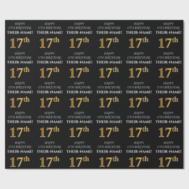 17th Birthday: Elegant, Black, Faux Gold Look Wrapping Paper (Flat)