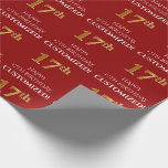 [ Thumbnail: 17th Birthday: Elegant, Red, Faux Gold Look Wrapping Paper ]