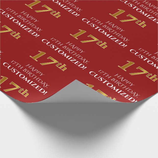 17th Birthday: Elegant, Red, Faux Gold Look Wrapping Paper (Corner)