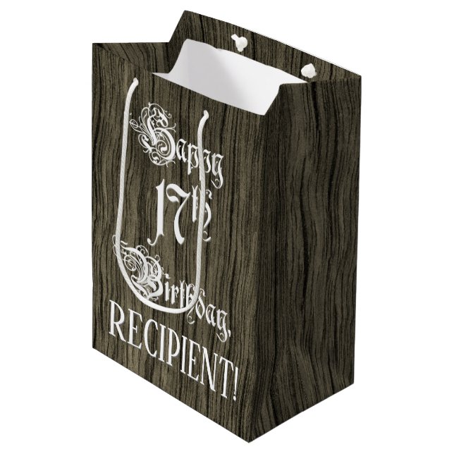 17th Birthday: Fancy, Faux Wood Look + Custom Name Medium Gift Bag (Front Angled)
